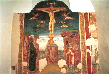 crocifissione di Cristo con la Madonna, San Nicolò da Bari vescovo e angeli della Passione